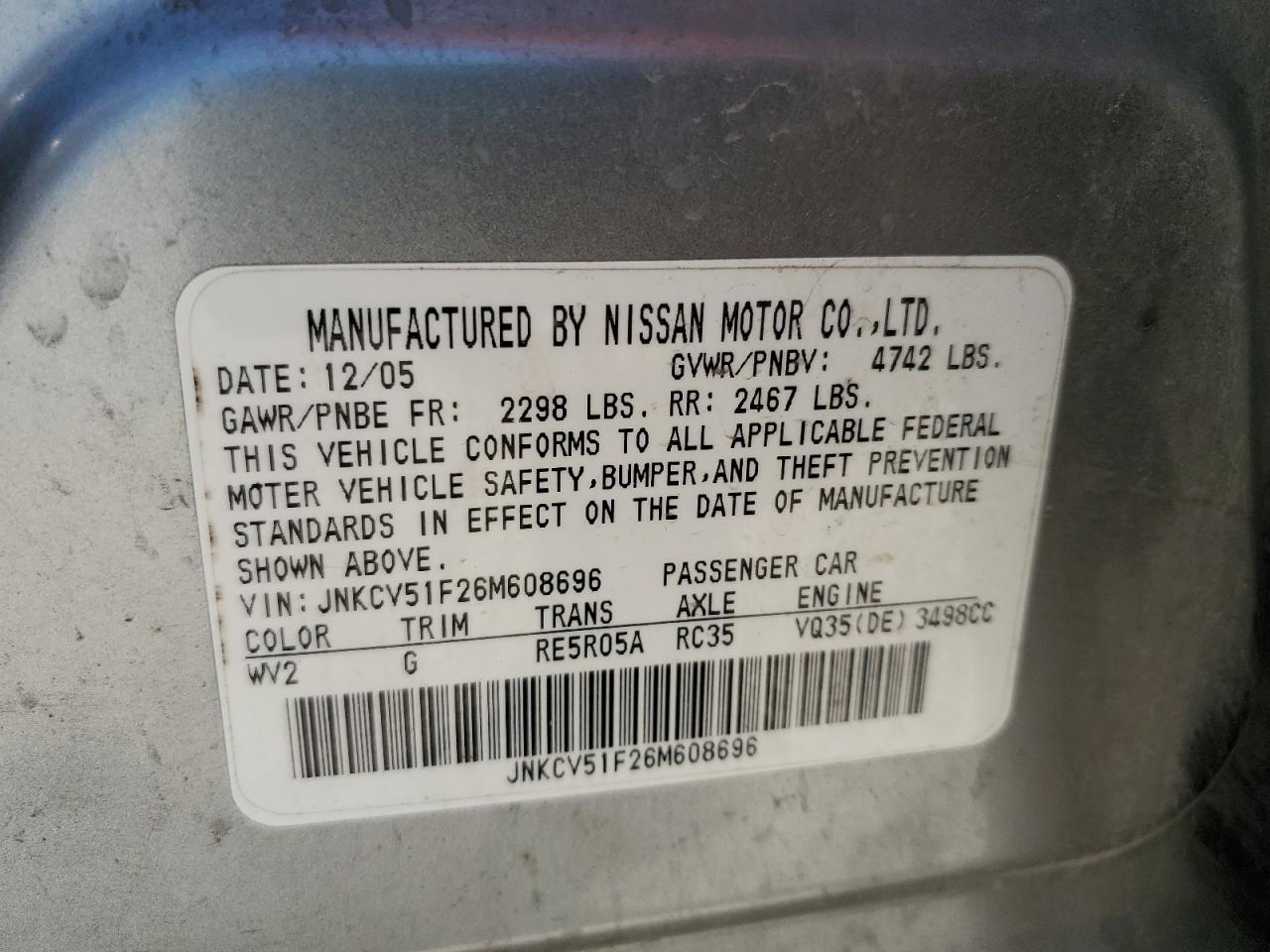 2006 Infiniti G35 VIN: JNKCV51F26M608696 Lot: 53201245