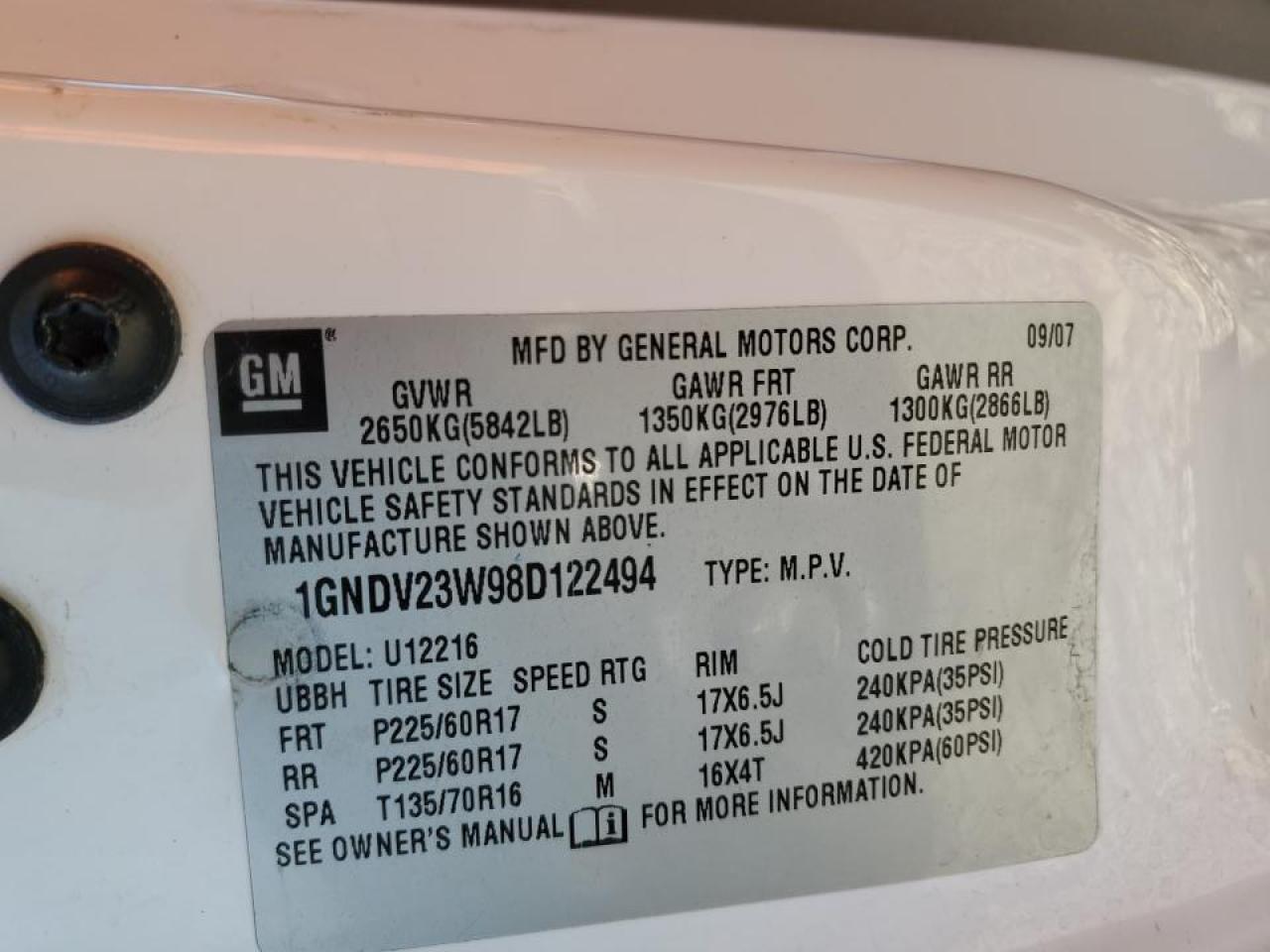 2008 Chevrolet Uplander Ls VIN: 1GNDV23W98D122494 Lot: 53746905