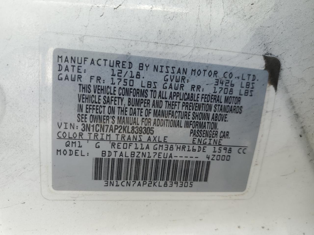 2019 Nissan Versa S VIN: 3N1CN7AP2KL839305 Lot: 55250155