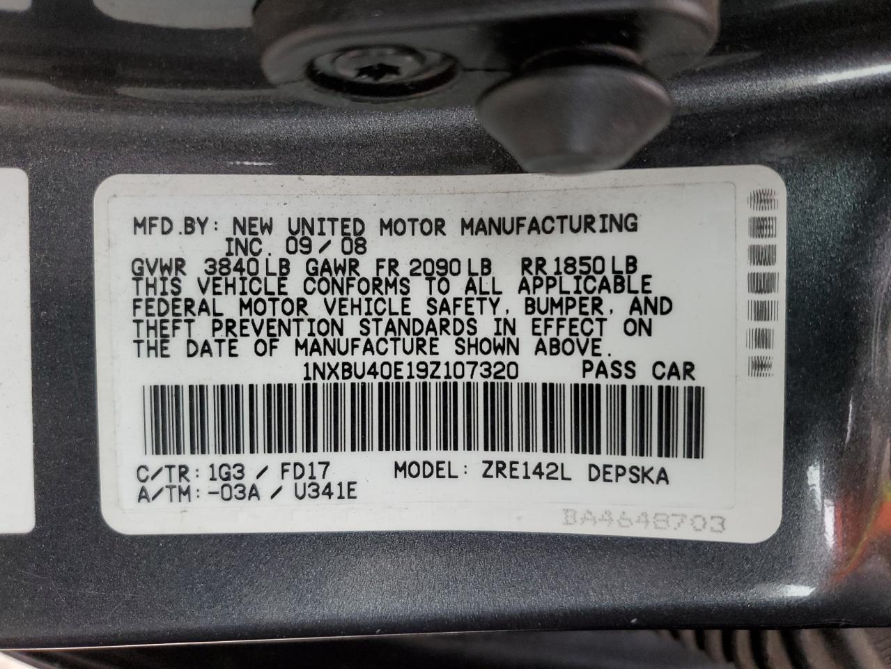 2009 Toyota Corolla Base VIN: 1NXBU40E19Z107320 Lot: 53903005