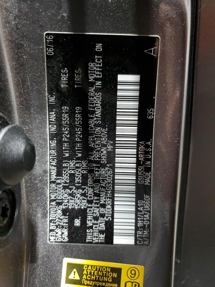 2016 Toyota Highlander Limited VIN: 5TDDKRFH4GS302671 Lot: 54536635