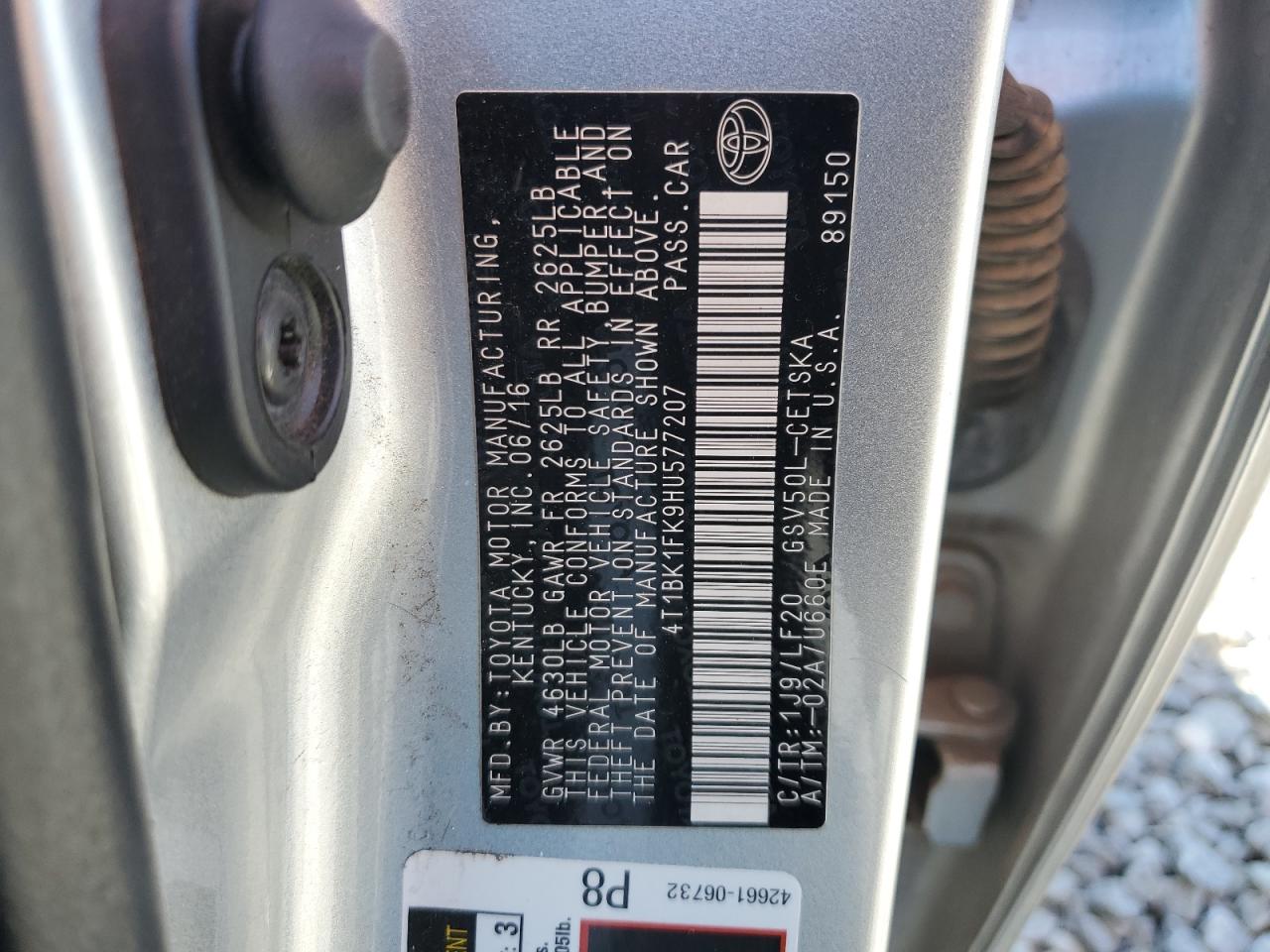 2017 Toyota Camry Xse VIN: 4T1BK1FK9HU577207 Lot: 53187945