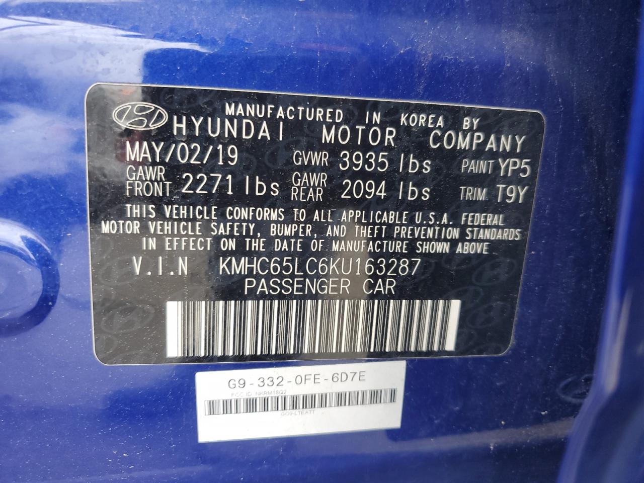 2019 Hyundai Ioniq Blue VIN: KMHC65LC6KU163287 Lot: 51411785