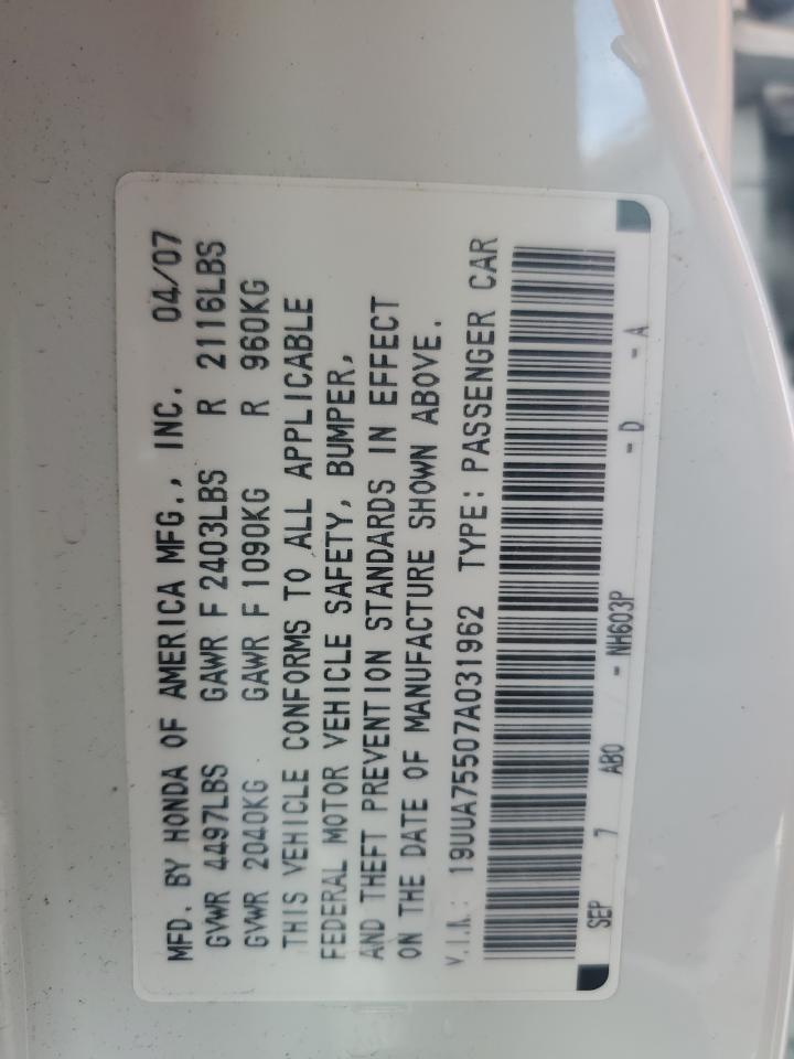 2007 Acura Tl Type S VIN: 19UUA75507A031962 Lot: 52877015