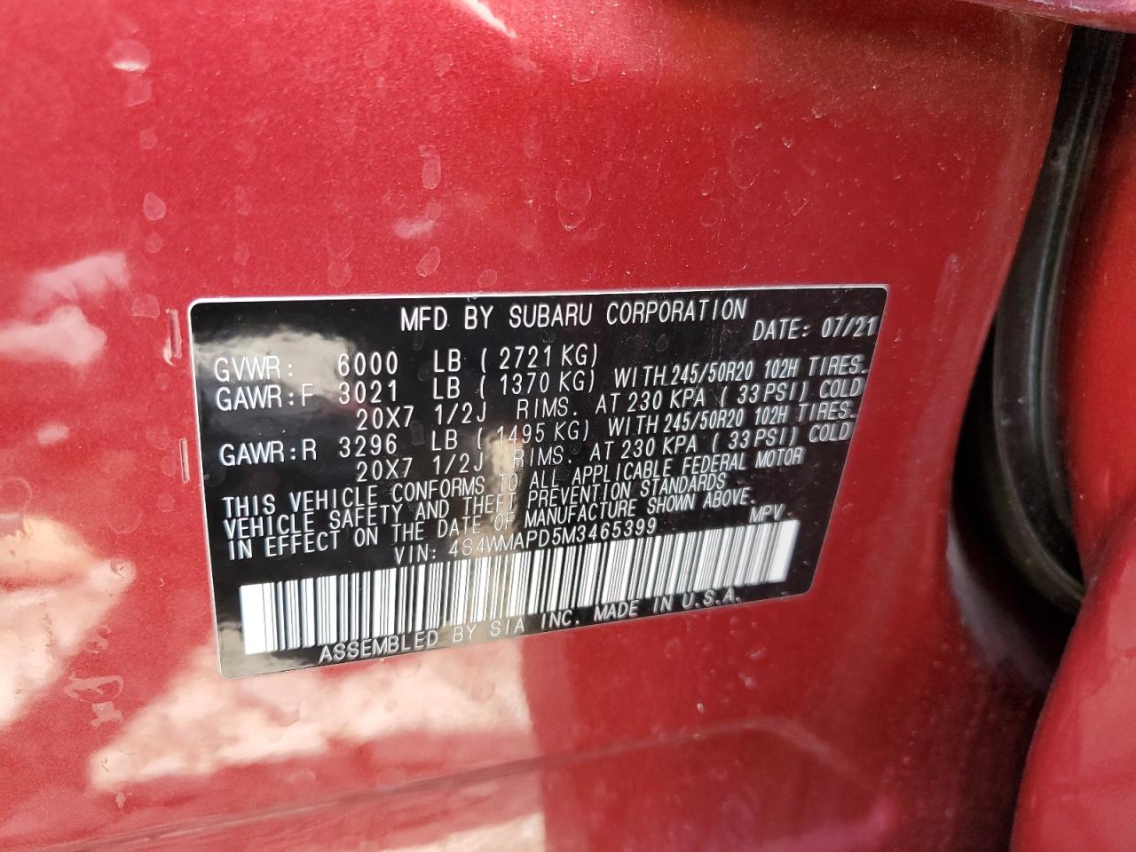 2021 Subaru Ascent Limited VIN: 4S4WMAPD5M3465399 Lot: 55028055