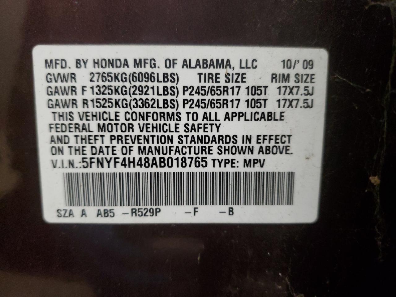 HONDA PILOT 2010 VIN 5FNYF4H48AB018765 zdjęcie 13