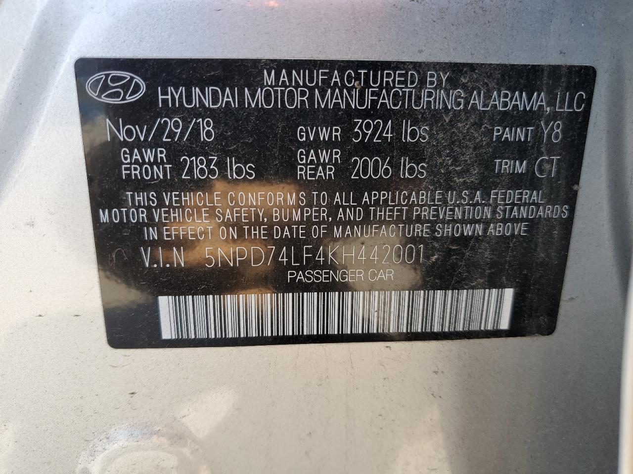 2019 Hyundai Elantra Se VIN: 5NPD74LF4KH442001 Lot: 54214575