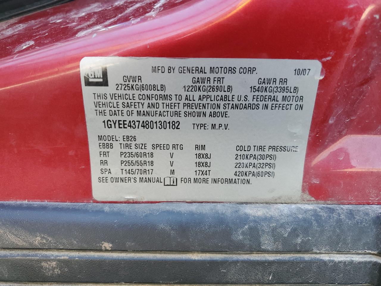 2008 Cadillac Srx VIN: 1GYEE437480130182 Lot: 54064495