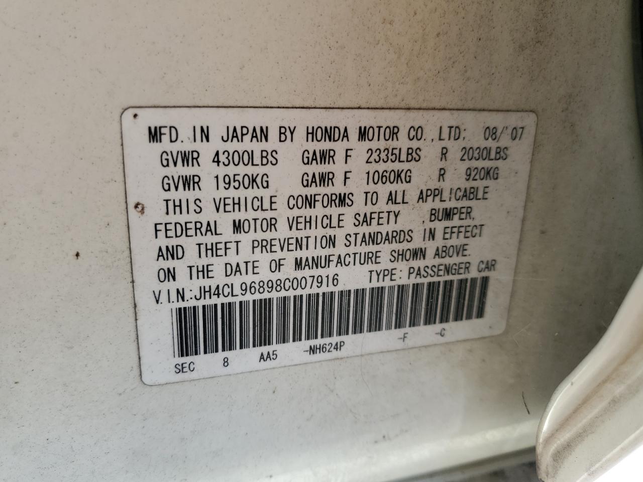 2008 Acura Tsx VIN: JH4CL96898C007916 Lot: 54590905