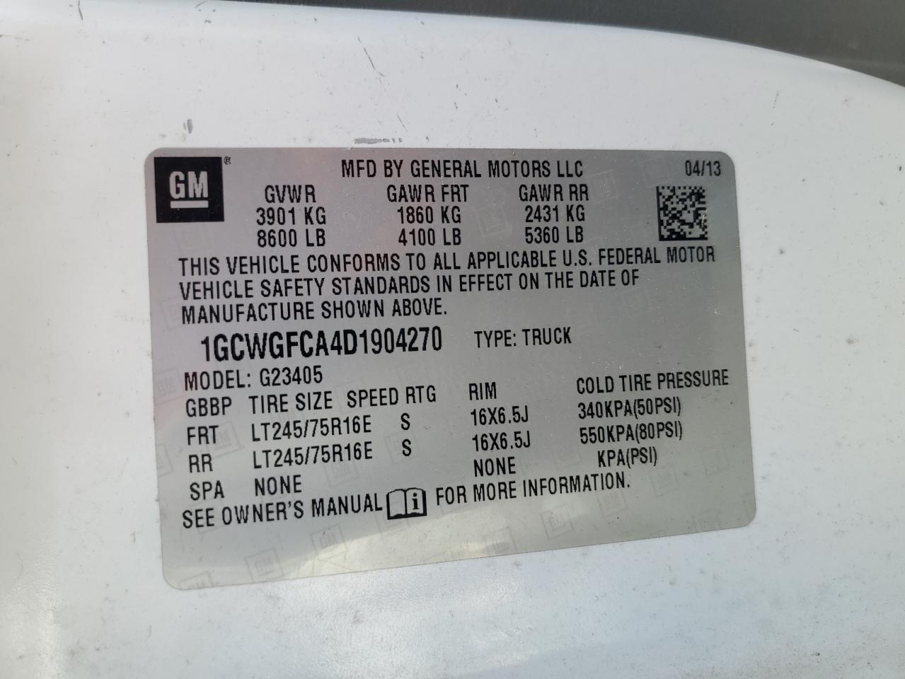 2013 Chevrolet Express G2500 VIN: 1GCWGFCA4D1904270 Lot: 54087935