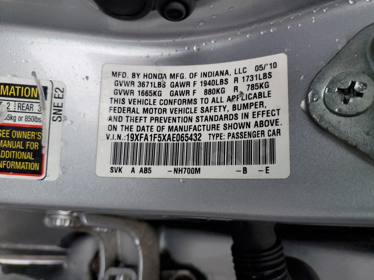 2010 Honda Civic Lx VIN: 19XFA1F5XAE065432 Lot: 50644685