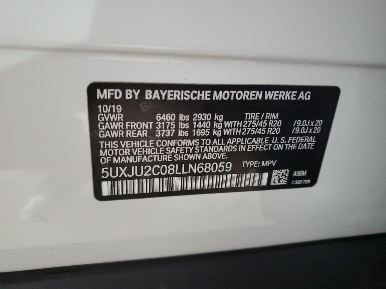 2020 BMW X5 xDrive50I VIN: 5UXJU2C08LLN68059 Lot: 54909075