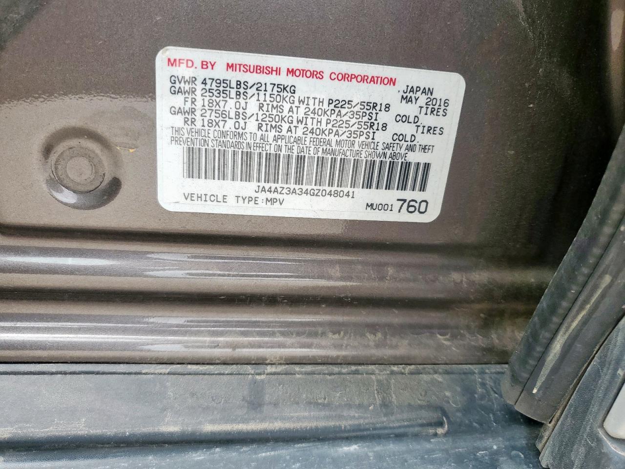 2016 Mitsubishi Outlander Se VIN: JA4AZ3A34GZ048041 Lot: 54262995