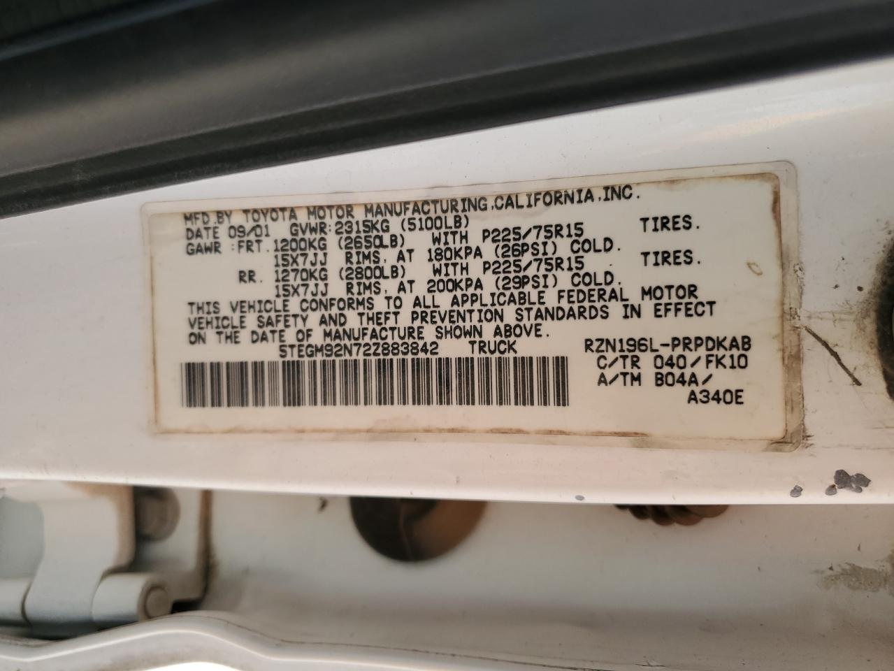 2002 Toyota Tacoma Double Cab Prerunner VIN: 5TEGM92N72Z883842 Lot: 54725185