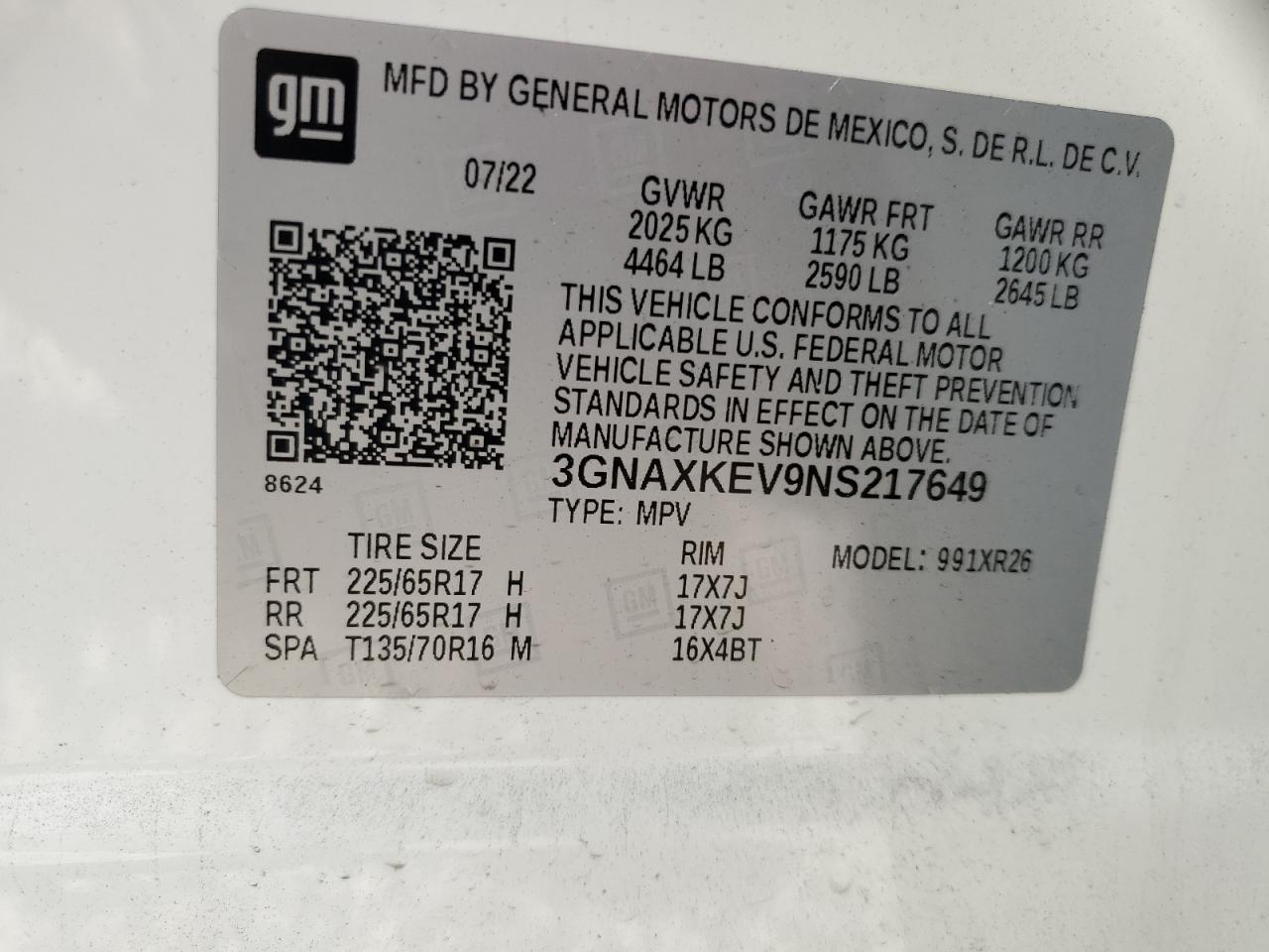 2022 Chevrolet Equinox Lt VIN: 3GNAXKEV9NS217649 Lot: 52882825