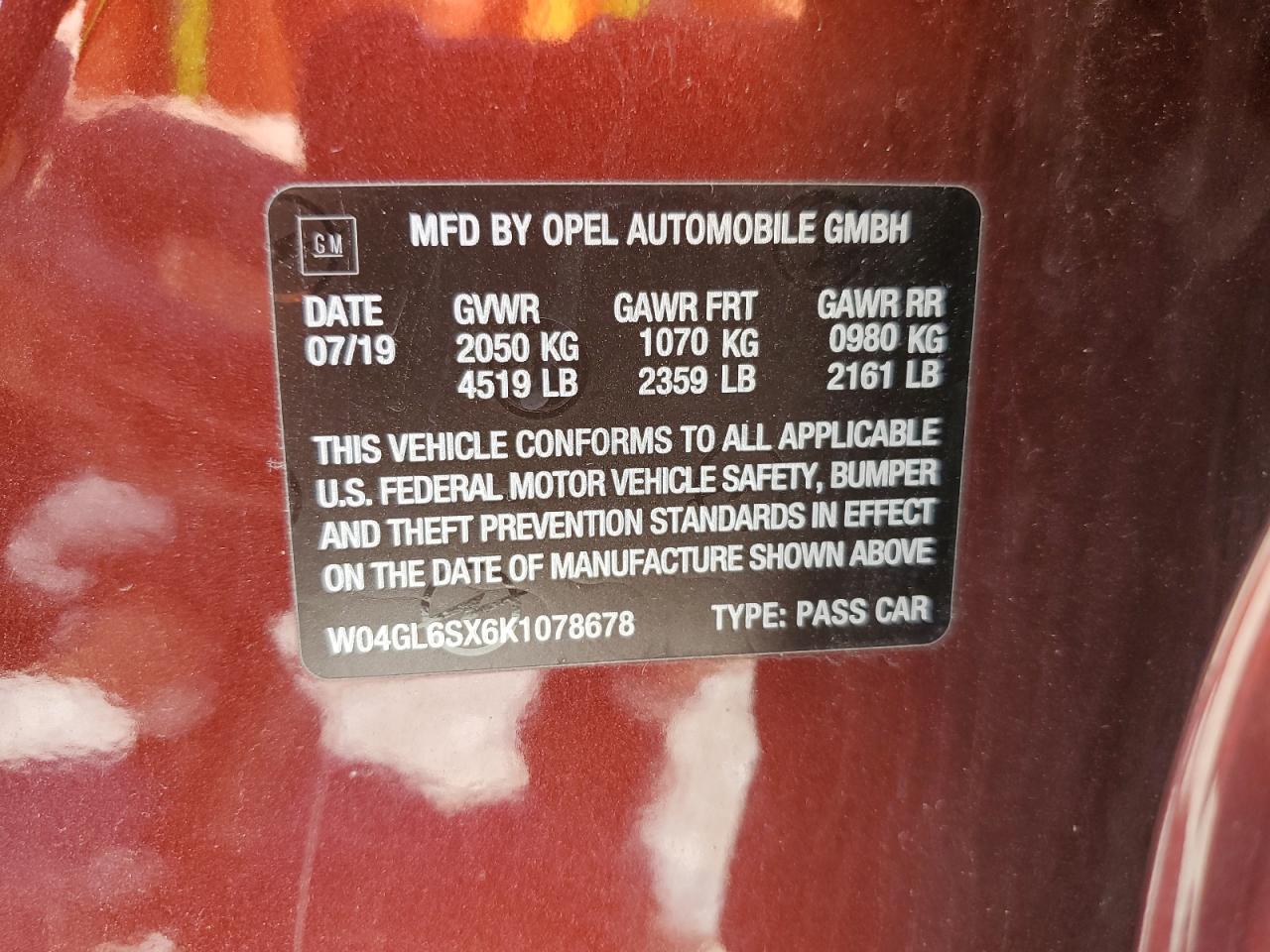 2019 Buick Regal Preferred VIN: W04GL6SX6K1078678 Lot: 54528055