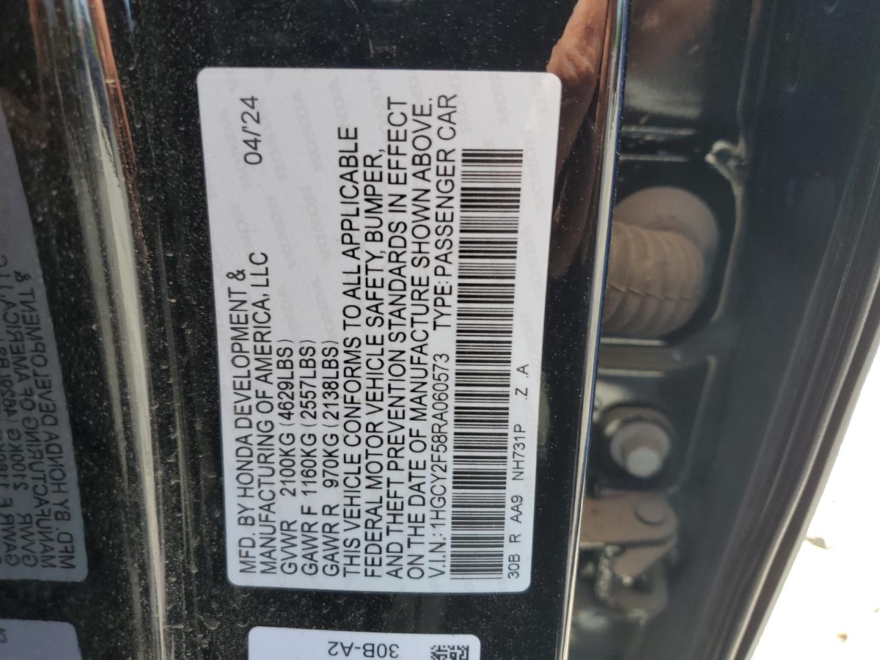 2024 Honda Accord Hybrid Sport VIN: 1HGCY2F58RA060573 Lot: 53086905