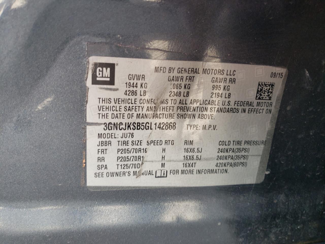 2016 Chevrolet Trax Ls VIN: 3GNCJKSB5GL142868 Lot: 54824625