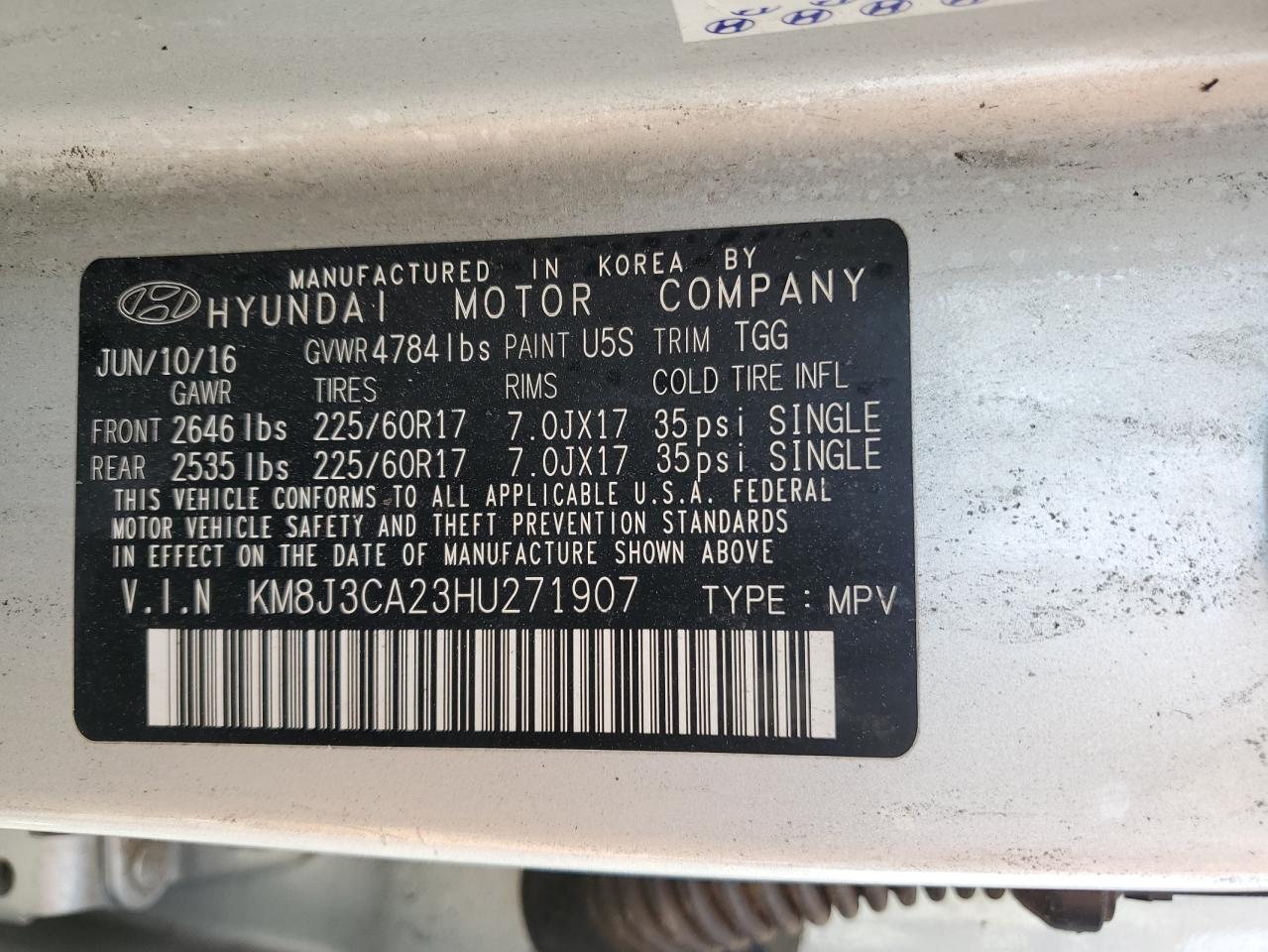 KM8J3CA23HU271907 2017 Hyundai Tucson Limited