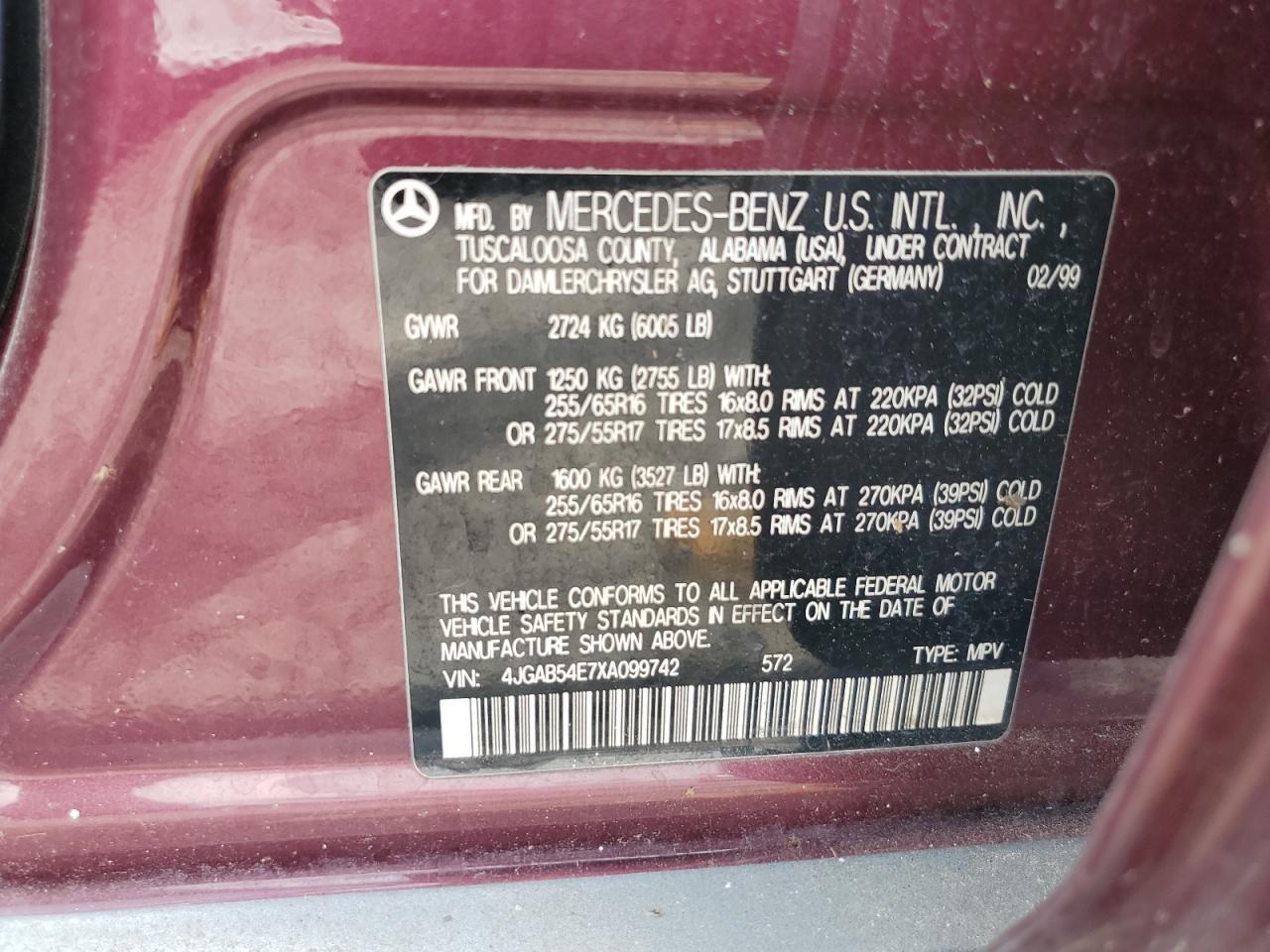 1999 Mercedes-Benz Ml 320 VIN: 4JGAB54E7XA099742 Lot: 53672645