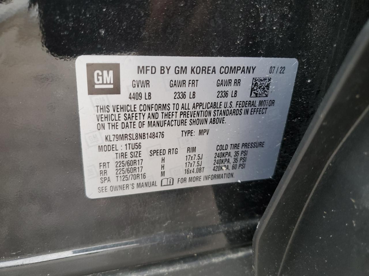 2022 Chevrolet Trailblazer Lt VIN: KL79MRSL8NB148476 Lot: 53619825