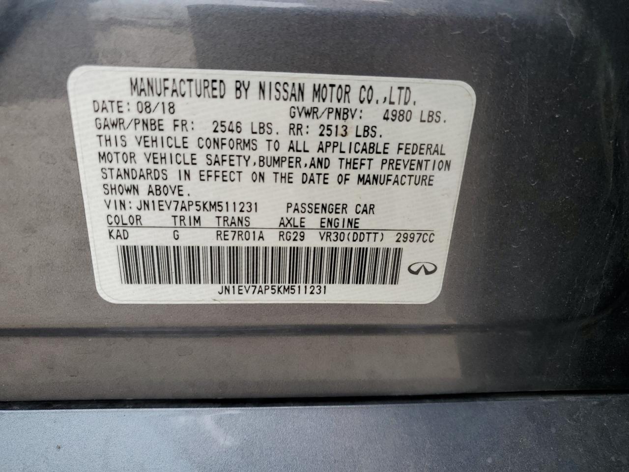2019 Infiniti Q50 Luxe VIN: JN1EV7AP5KM511231 Lot: 51410725