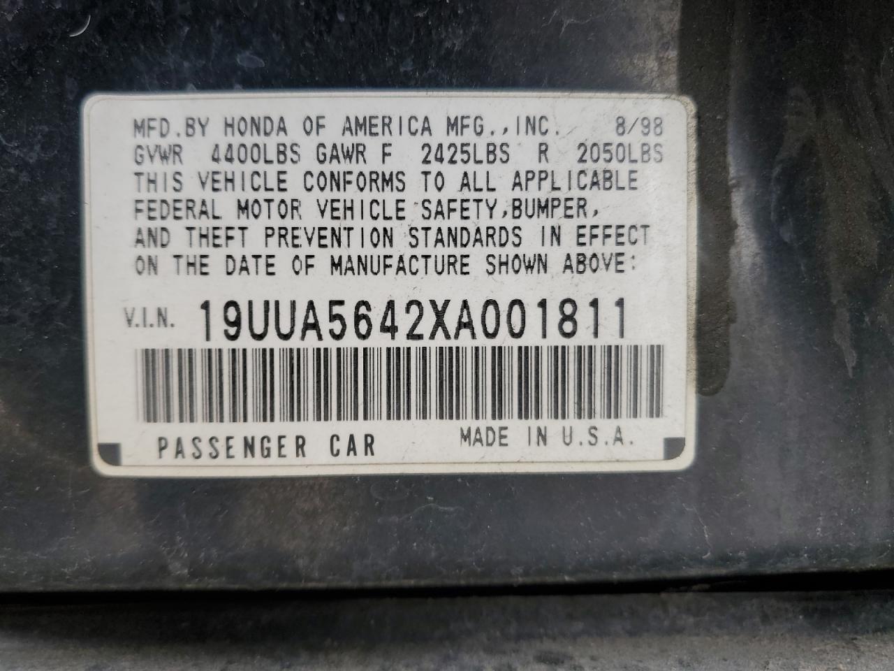 1999 Acura 3.2Tl VIN: 19UUA5642XA001811 Lot: 52997305