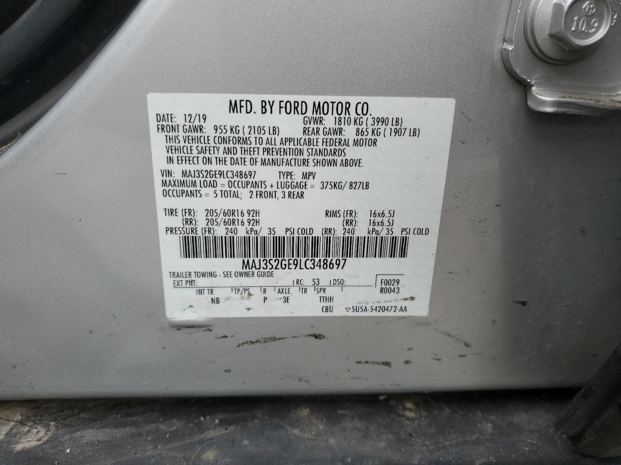 2020 Ford Ecosport Se VIN: MAJ3S2GE9LC348697 Lot: 54231885