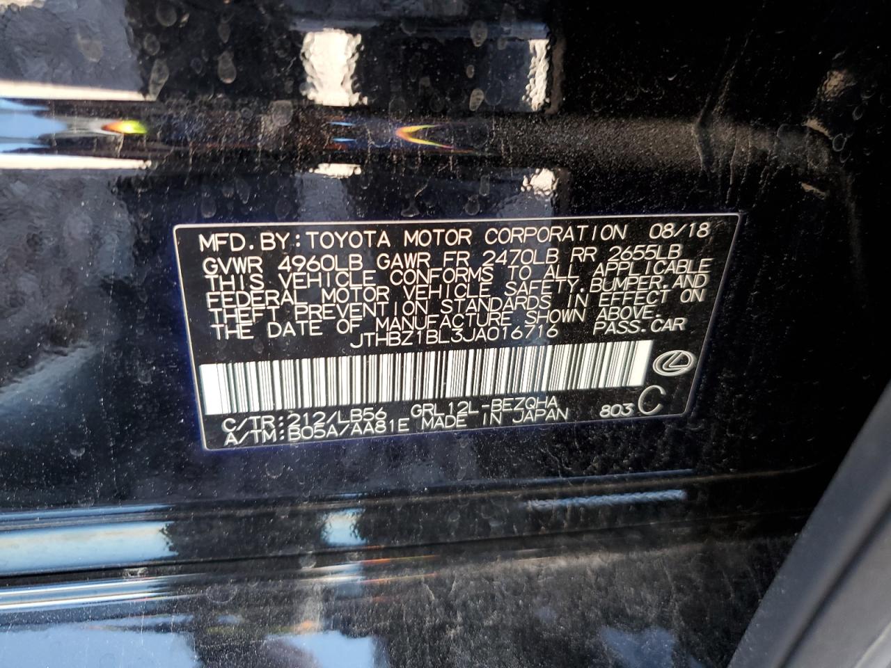 2018 Lexus Gs 350 Base VIN: JTHBZ1BL3JA016716 Lot: 54313955
