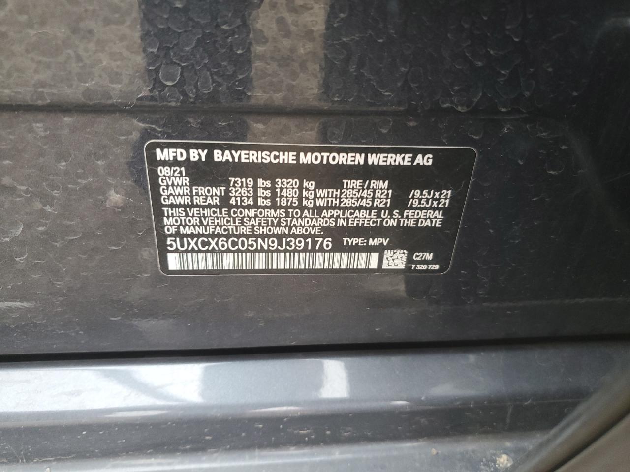 2022 BMW X7 M50I VIN: 5UXCX6C05N9J39176 Lot: 51330215
