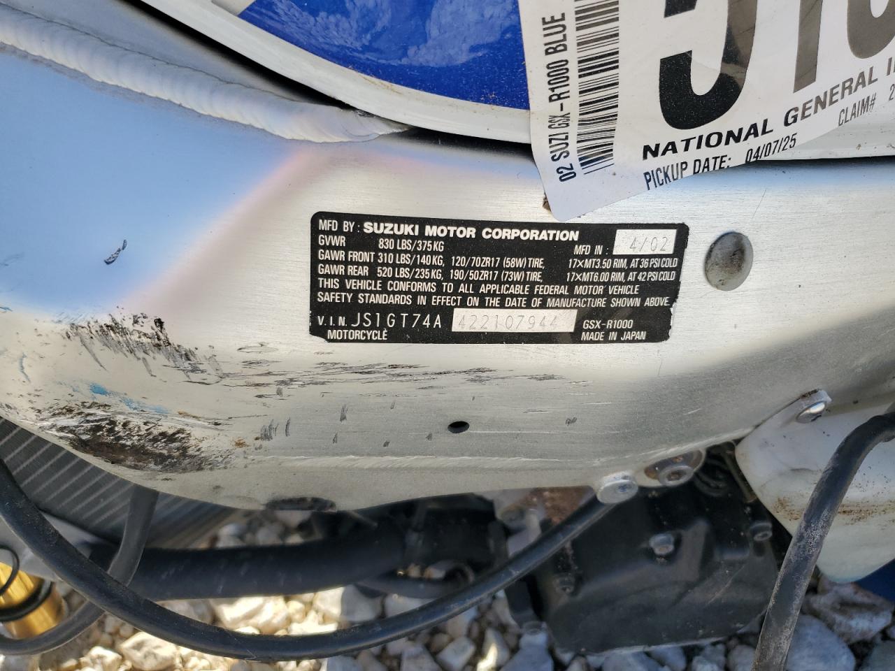 2002 Suzuki Gsx-R1000 VIN: JS1GT74A422107944 Lot: 51580145