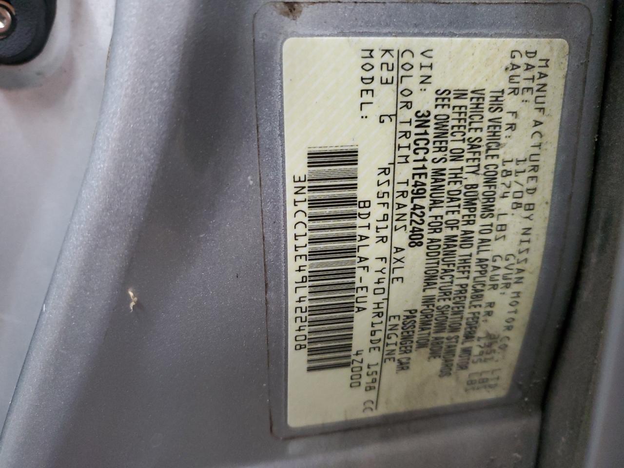 2009 Nissan Versa S VIN: 3N1CC11E49L422408 Lot: 55093745