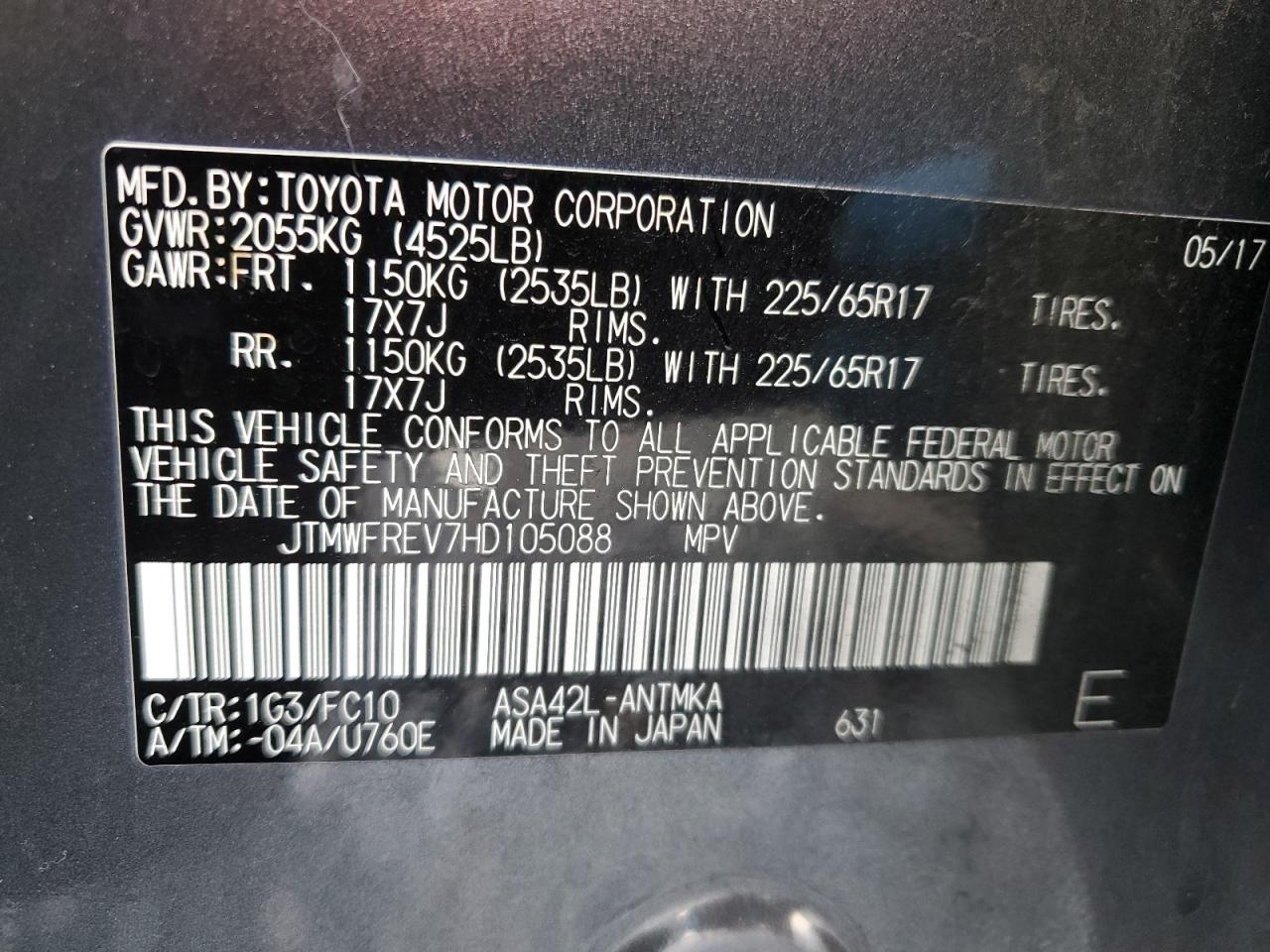 2017 Toyota Rav4 Xle VIN: JTMWFREV7HD105088 Lot: 53138545