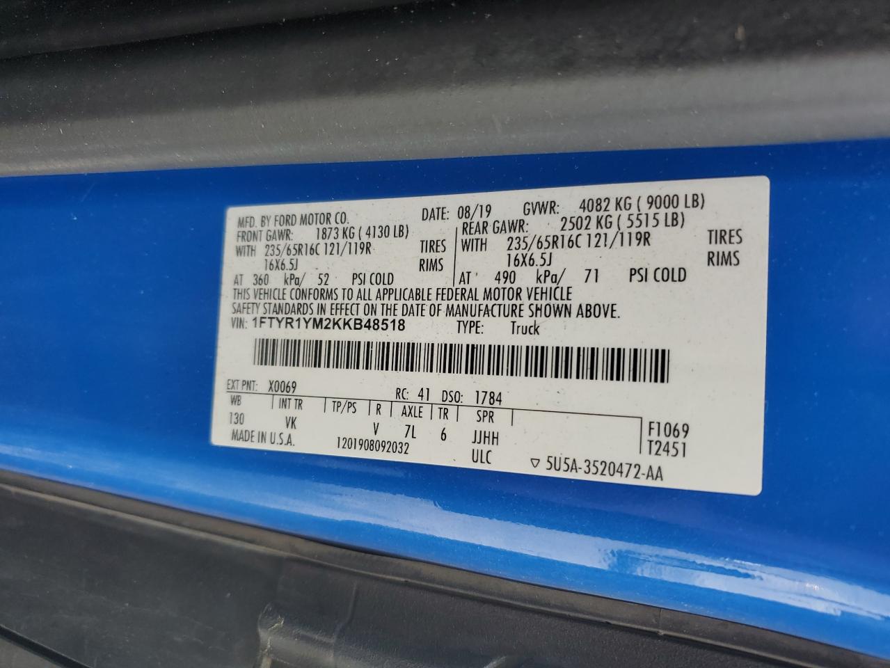 2019 Ford Transit T-250 VIN: 1FTYR1YM2KKB48518 Lot: 54657725
