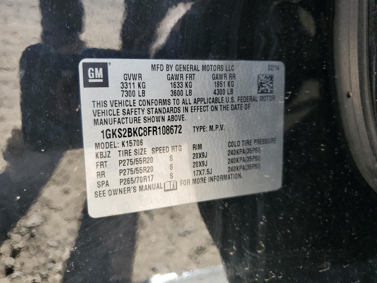 2015 GMC Yukon Slt VIN: 1GKS2BKC8FR108672 Lot: 53083455