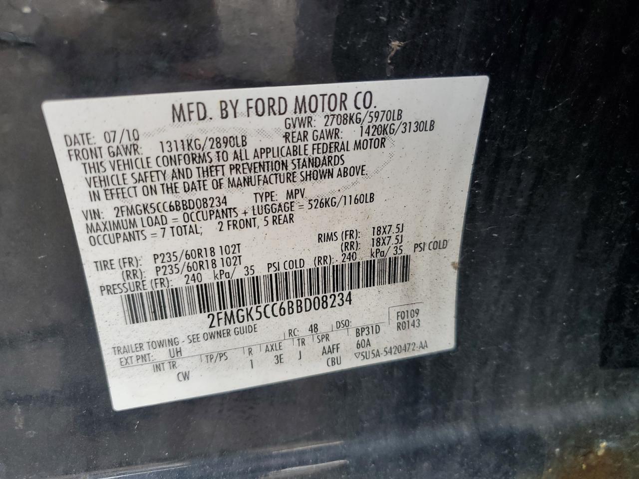 2011 Ford Flex Sel VIN: 2FMGK5CC6BBD08234 Lot: 54064785
