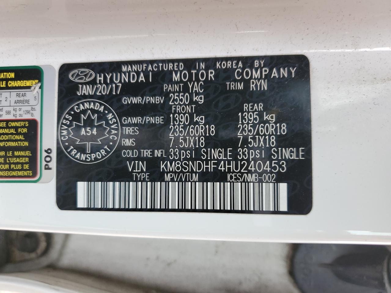 2017 Hyundai Santa Fe Se VIN: KM8SNDHF4HU240453 Lot: 52185755