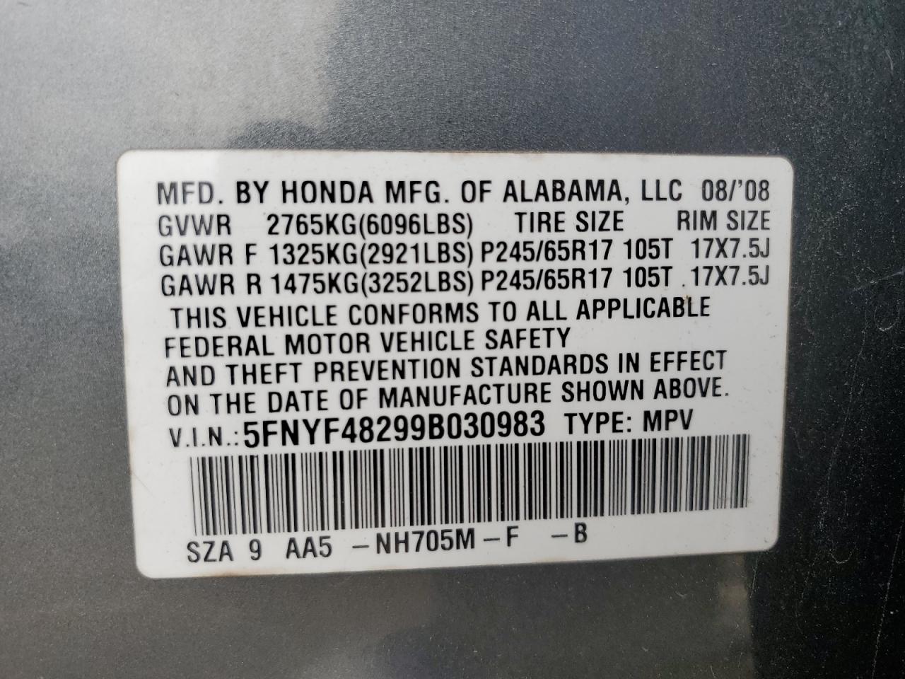 2009 Honda Pilot Lx VIN: 5FNYF48299B030983 Lot: 53051875