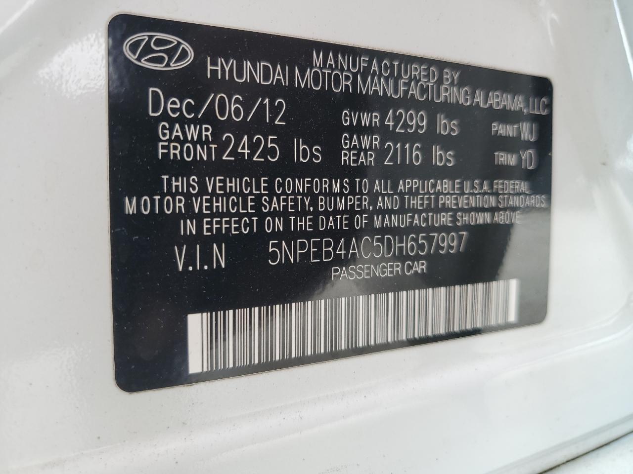 2013 Hyundai Sonata Gls VIN: 5NPEB4AC5DH657997 Lot: 53657755