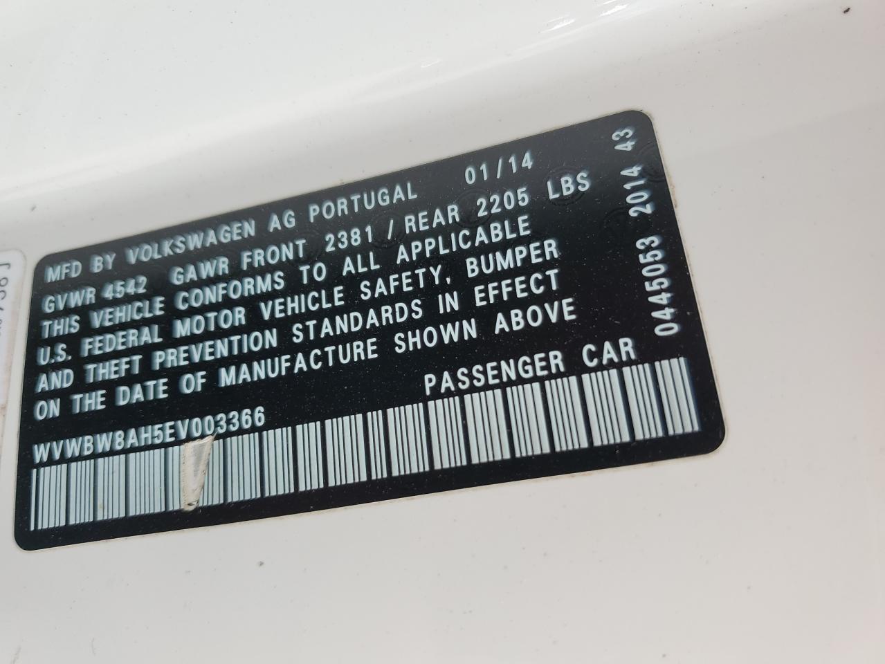 2014 Volkswagen Eos Komfort VIN: WVWBW8AH5EV003366 Lot: 53881975