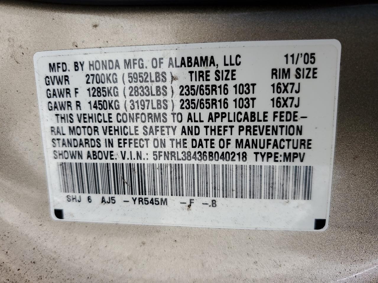 2006 Honda Odyssey Ex VIN: 5FNRL38436B040218 Lot: 51318545