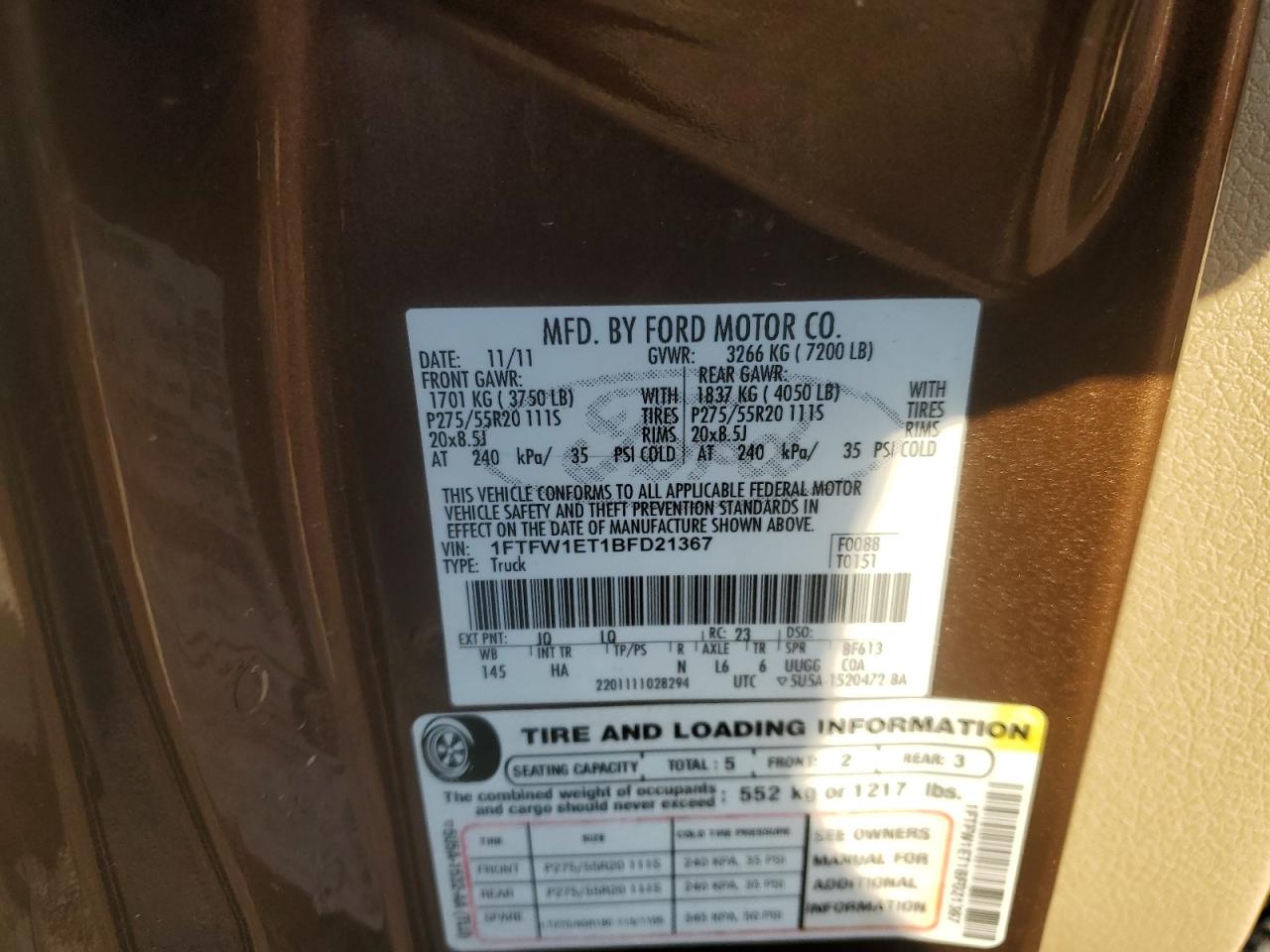 2011 Ford F150 Supercrew VIN: 1FTFW1ET1BFD21367 Lot: 52197395