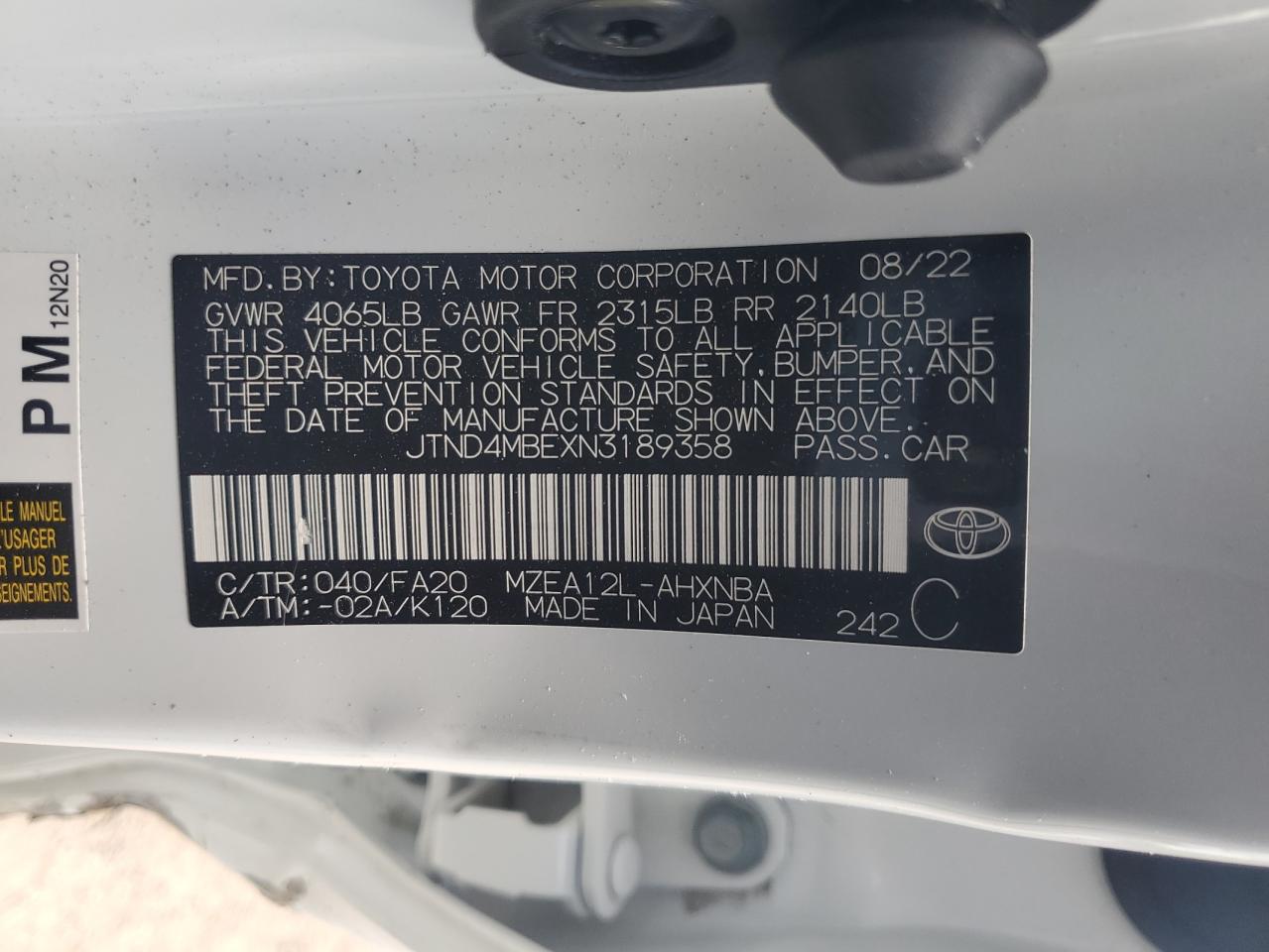 2022 Toyota Corolla Se VIN: JTND4MBEXN3189358 Lot: 55216215