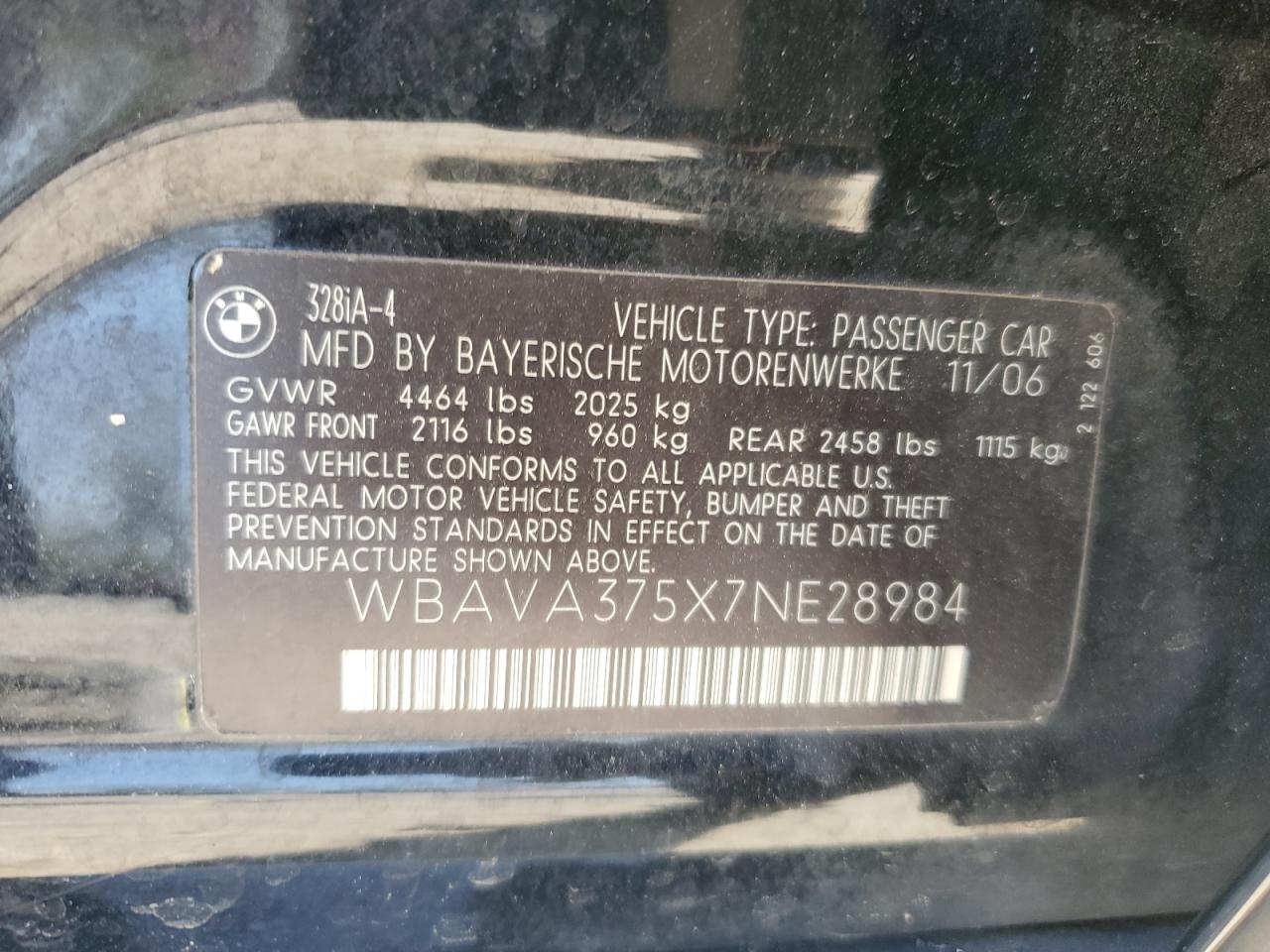 2007 BMW 328 I VIN: WBAVA375X7NE28984 Lot: 52194115
