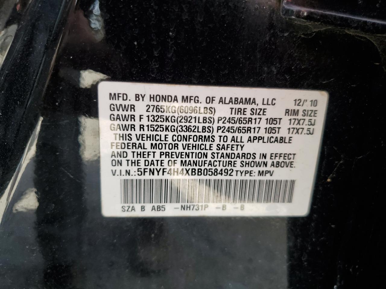 2011 Honda Pilot Ex VIN: 5FNYF4H4XBB058942 Lot: 54182305