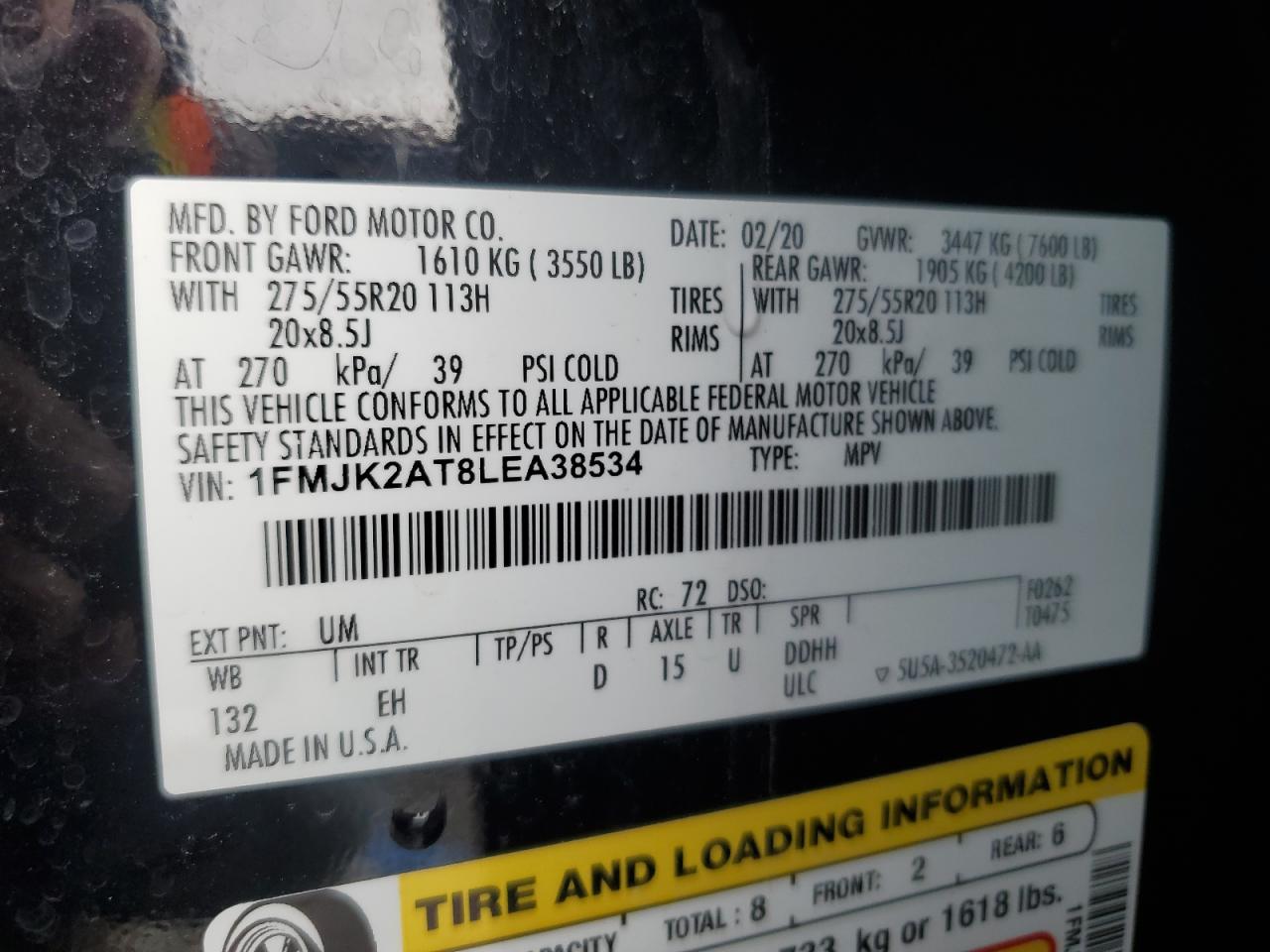 2020 Ford Expedition Max Limited VIN: 1FMJK2AT8LEA38534 Lot: 50895495