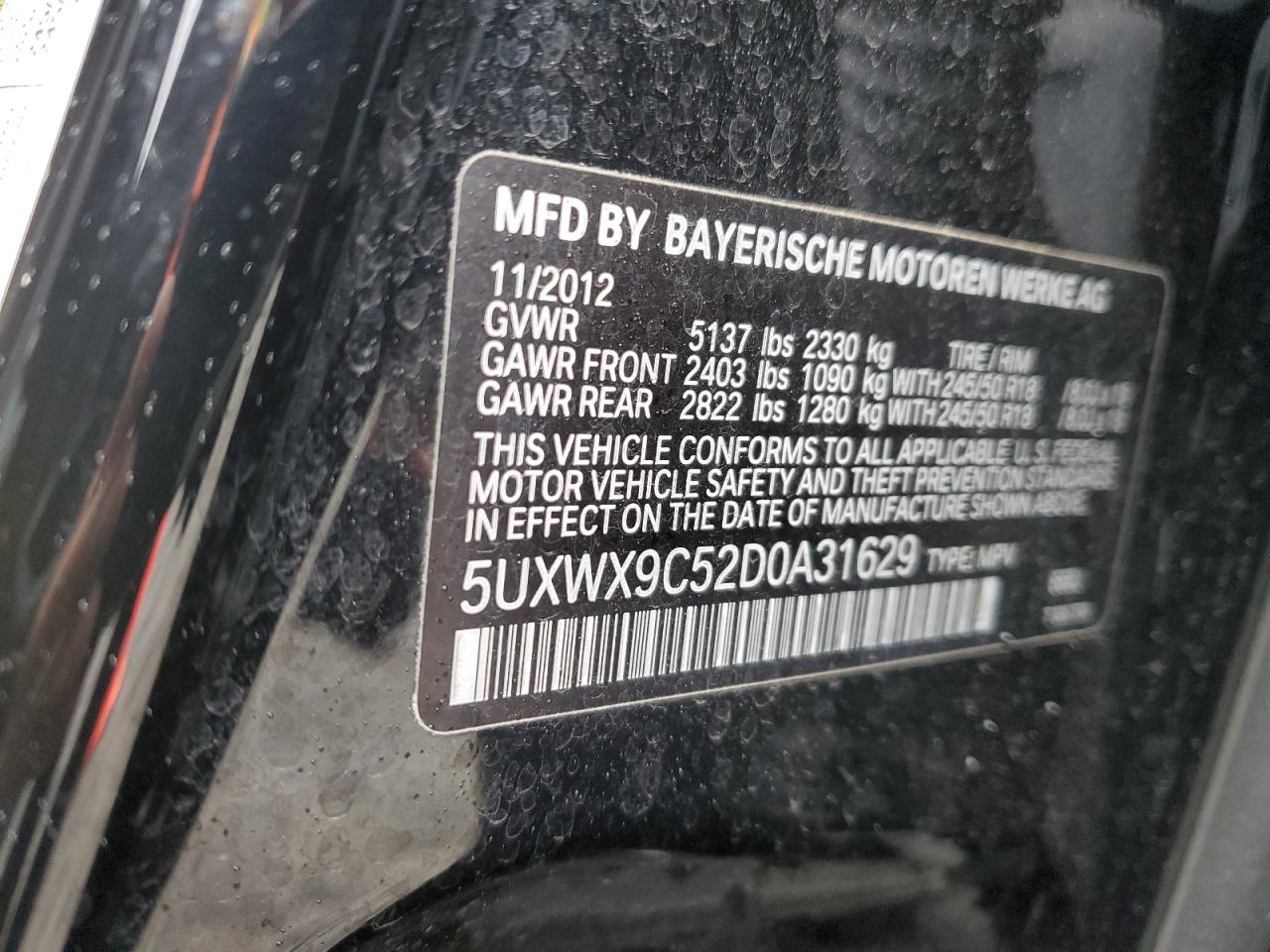 2013 BMW X3 xDrive28I VIN: 5UXWX9C52D0A31629 Lot: 55024125