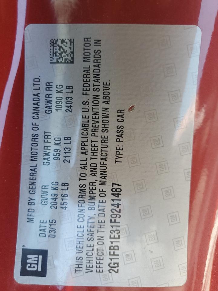 2015 Chevrolet Camaro Ls VIN: 2G1FB1E31F9241487 Lot: 53101265