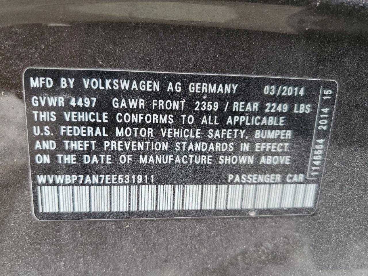 2014 Volkswagen Cc Sport VIN: WVWBP7AN7EE531911 Lot: 54168595