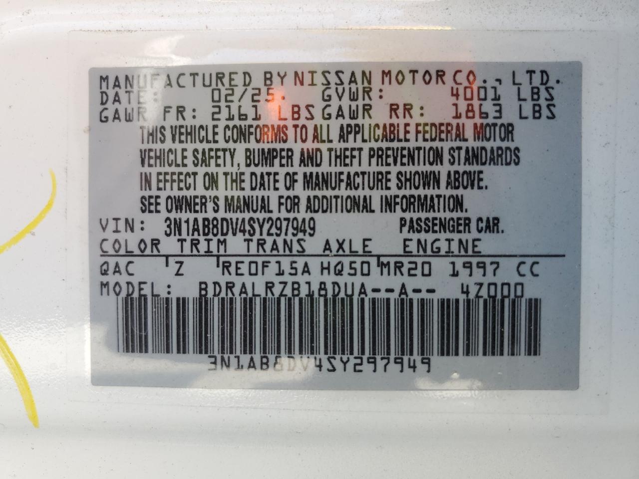 2025 Nissan Sentra Sr VIN: 3N1AB8DV4SY297949 Lot: 53977935